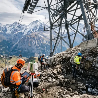 Seilbahnstuetze im Permafrost-Gelaende oberhalb 2500 Metern im Berner Oberland