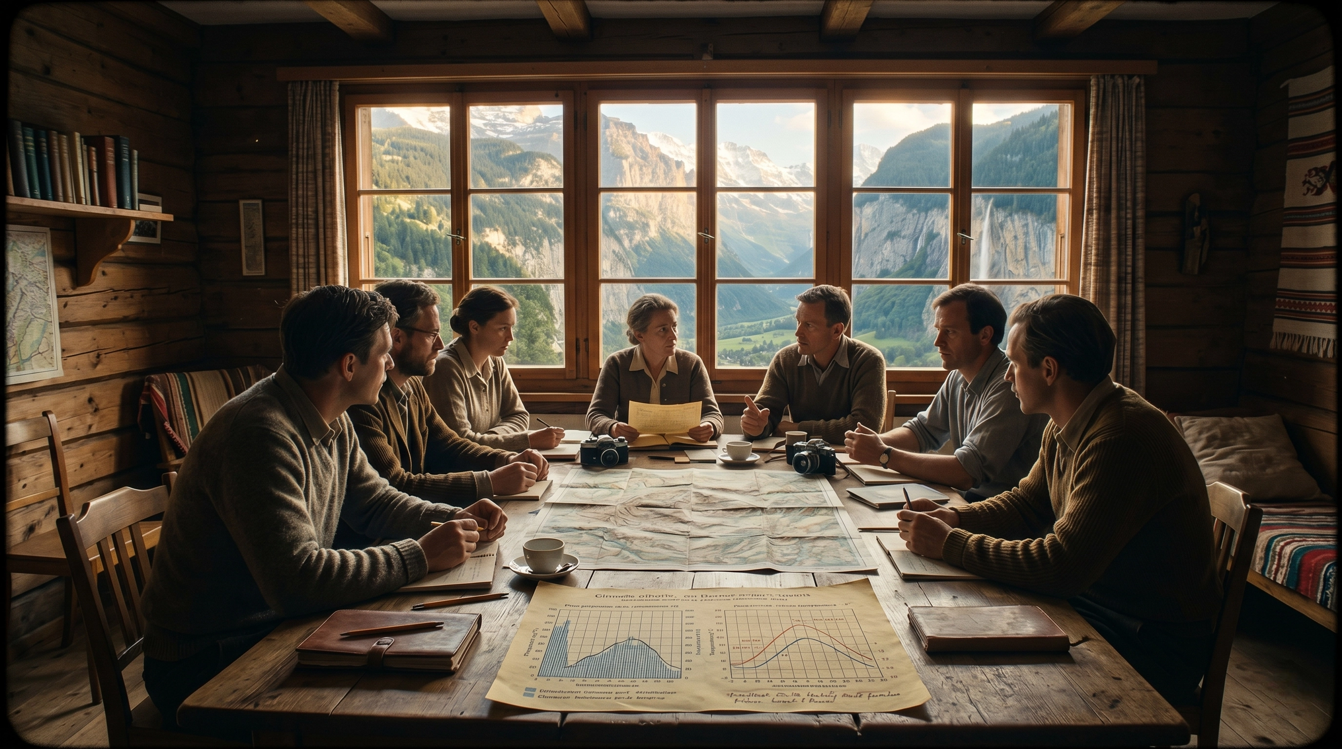 Historischer Besprechungsraum in Lauterbrunnen mit Alpenkarten und Klimadiagrammen, der die Geschichte der Umweltinitiative zeigt